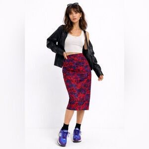 100% Silk Slip Midi Skirt Bold Purple Abstract Artsy Print Sz 14 Vintage Rare